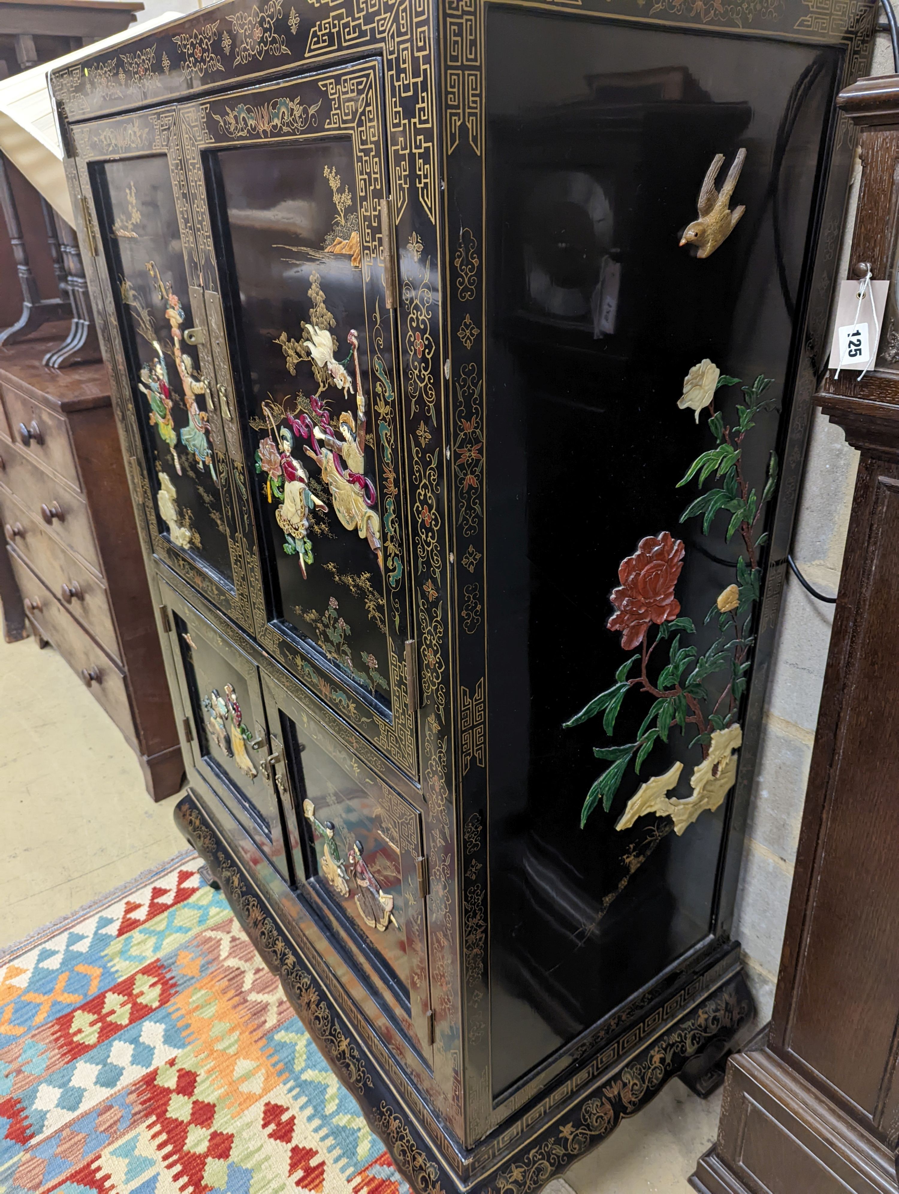 A Chinese hardstone mounted black lacquered four door side cabinet, width 92cm, depth 51cm, height 152cm